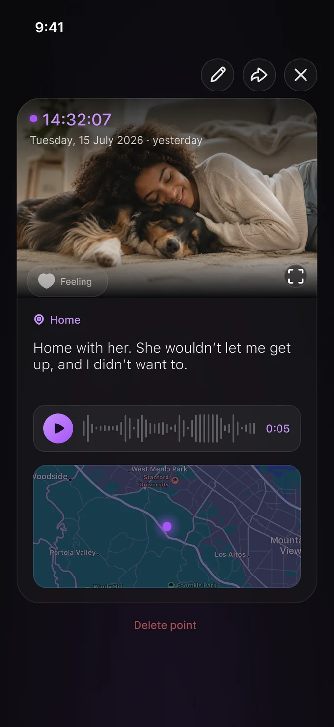 Open a single marked moment with its note, voice, and photo